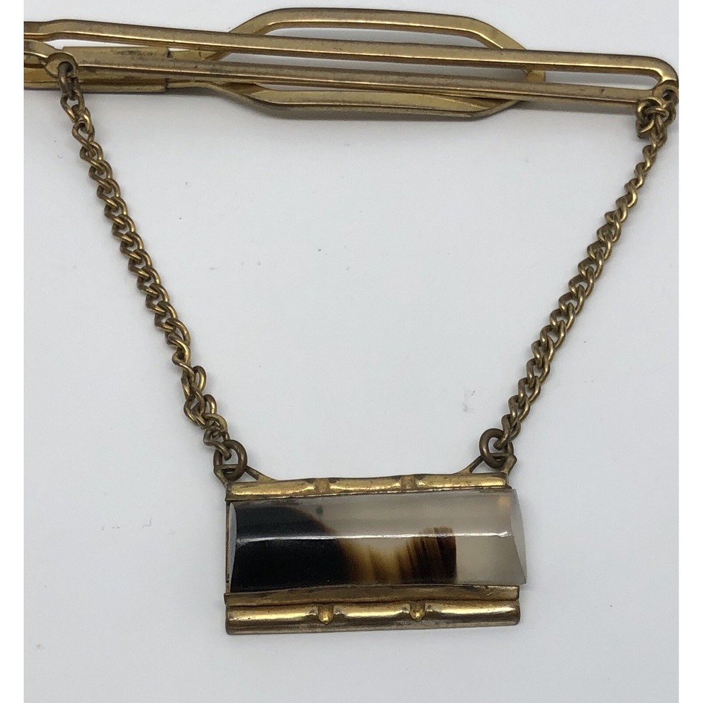 Unique Vintage Tie Clasp NU-LOK Tie bar With Clear Brown Stone Bar embellishment